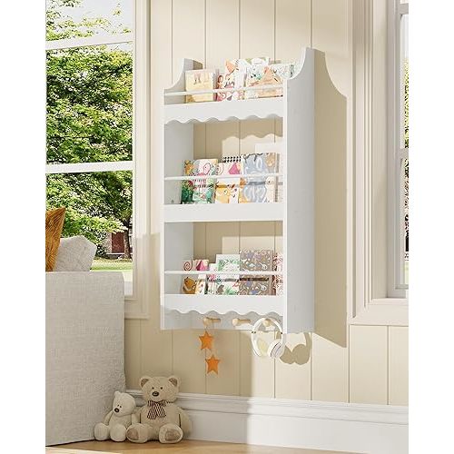 CHOEZON Wall Bookshelf for Kids, 3-Tier Kids Bookshelf for Wall, Floating Book Shelves with 3 Hooks & Guardrails, for Kids' Room, Living Room, Nursery, White and Natural MCW43WB