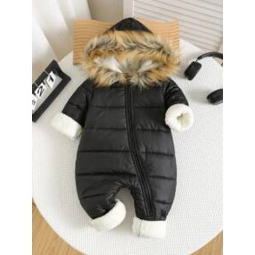 Newborn Baby Boy/Girl Cute Warm Black Fleece Thick Hooded Jumpsuit, Suitable For Autumn/Winter Outdoor And Skiing | SHEIN USA