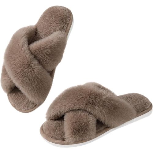 Ankis Women's Fuzzy Slippers Cross Band Memory Foam Open Toe Comfy Soft House Shoes Anti-Slip Indoor Outdoor Gifts for Women