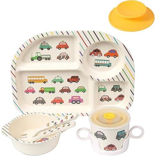 shopwithgreen 7Pcs/Set Bamboo Kids Dinnerware Set - Children Dishes - Food Plate Bowl Cup Spoon Fork Set Dishware, Cartoon Tableware, Dishwasher Safe Kids Healthy Mealtime, BPA Free