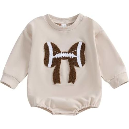 Karuedoo Newborn Baby Boy Girl Football Outfit Football Bow Sweatshirt Romper Oversized Long Sleeve Bubble Romper Bodysuit
