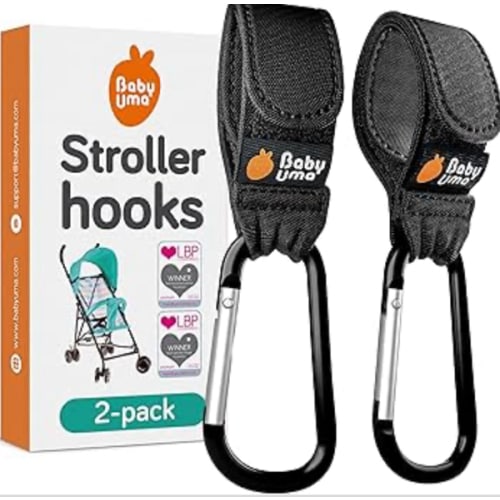 Baby Uma Stroller Hooks for Bags (2 Pack) - Universal Stroller Clips and Hooks, Non-Slip with One-Hand Opening, 11 lb Weight Capacity, Baby Travel Essential