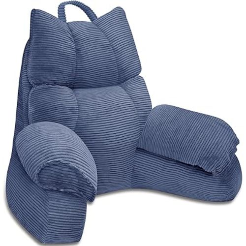RRPAHWTV Reading Pillow for Bed with High Arm Rests ,Back Support Pillow for Sitting Up in Bed with Shredded Memory Foam for Reading, TV, Gaming or Relaxing on Floor（Dark Blue, Large）