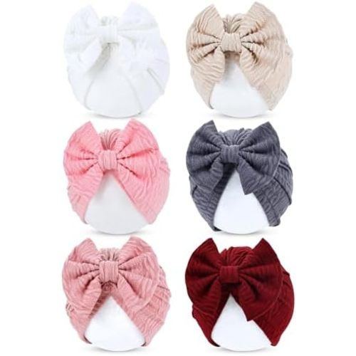 Cinaci 6 Pack Nursery Hospital Caps Bonnets Beanies Headwraps Turban Hats with Bow for Baby Girls Newborns Infants Toddlers