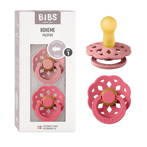 Bibs Pacifiers 0-6 Months | Boheme Collection 2-Pack | BPA-Free Round Nipple | Made in Denmark | Dusty Pink/Coral Color Pacifier