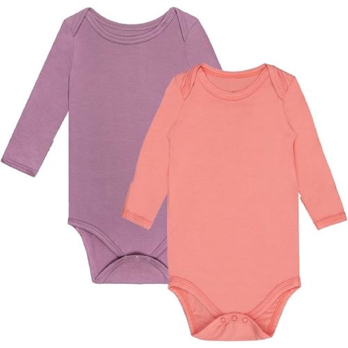 GUISBY Unisex Baby Rayon of Bamboo Snap Bodysuits, Long Sleeve with Mittens Cuffs Bodysuit 2-Packs