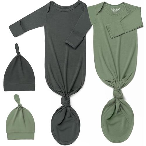 2Pack Knotted Gown Baby, Super Soft Long Sleeve Newborn Hospital Outfit Boy Girl Coming Home, Built-In Mittens Clothes