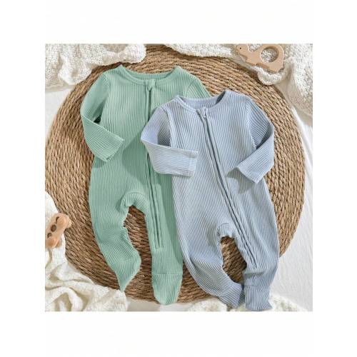 Loomiva 2pcs Newborn Baby Boy/Girl Solid Color Soft Knitted Crew Neck Long Sleeve Jumpsuit With Footcover Baby Knit Jumpsuit Baby Casual Zipper Romper Neutral Baby Clothes Unisex Fall Winter | SHEIN USA