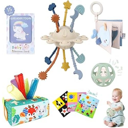 TYRY.HU Baby Gift Set,Montessori Learning Toys Set- Silicone Sensory Toys,Baby Teether Ball with Rattle,Soft Baby Book with Teether Ring & Crinkle Paper,Baby Tissue Box Toy,Milestone Cards,5 PCS