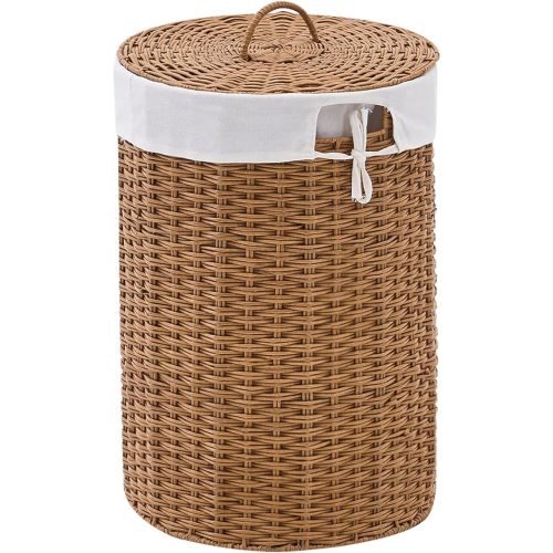 Round Wicker Laundry Hamper with Lid Handwoven Rattan Basket with Handles for Dirty Clothes, 2 Washable Liner Bags, No Assembly Required, Washable Basket, 60L