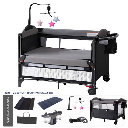 5-in-1 Baby Playard with Bassinet, Diaper Changer & Bedside Sleeper, Portable Foldable Play Yard for Newborn, Unisex,Grey