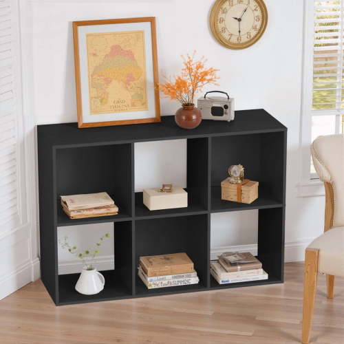 Beddle 6-Cube Storage Organizer, Open Bookshelf with Removable Back Panels, Black Wood Bookcase for Living Room, Bedroom and Home Office