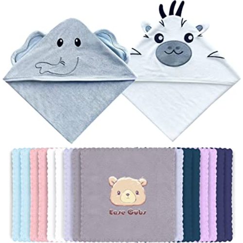 Ease Cubs 18-Piece Bamboo Baby Bath Towel and Microfiber Washcloth Sets, Baby Registry Search Essentials for Boys, Girls - Newborn Gifts for Infant, Toddler - Baby Bathtub Stuff - Elephant, Zebra