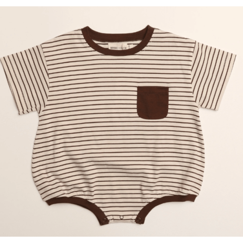 Cory Pocket Romper in Thin Chocolate Stripe