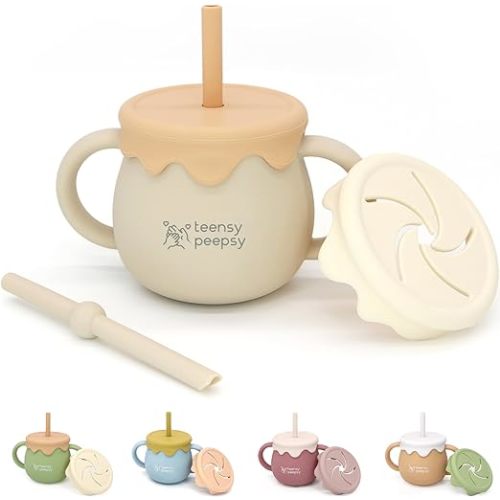 Honey Pot 3-in-1 Silicone Sippy Cup with Straw & Snack Cup for 6 months+ 8.5oz, Baby Straw Cup for Unisex Baby Gift, Toddler Smoothie Cup, Baby Water Cup for BLW Training (Sandy Beige)