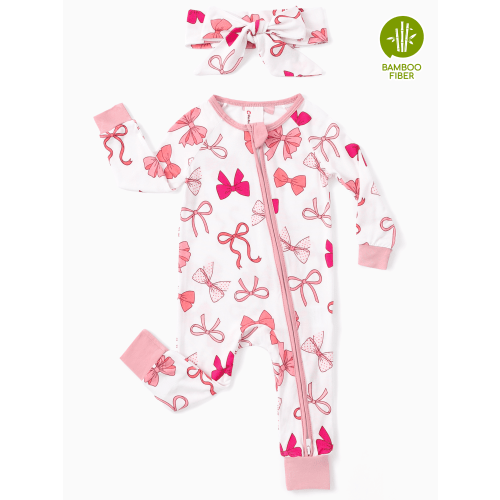 PatPat Baby Girl Gifts Pajamas Viscose from Bamboo 2-Way Zip Fold-Over Foot Cuffs Headband Baby:0-3M