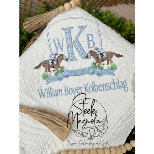 Racehorse and Jockey Baby Blanket Blue Gingham Nursery Decor Personalized Baby Heirloom Quilt Custom Name Horse Blanket Boy Baby Shower Gift