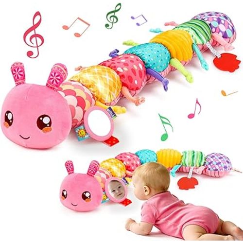 Baby Girl Toys 0-6 Months Musical Stuffed Caterpillar Pink Toys for Infant 0-3 3-6 Month Tummy Time Sensory Newborn Toys with Mirror Crinkle Rattle for 2 3 4 5 6-12 Month Old Babies Girl Shower Gifts