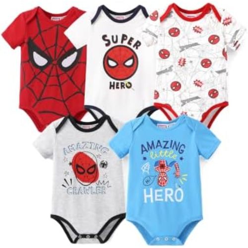 Disney Marvel Cars Toy Story Baby Clothes, 5 Pack Short-Sleeve Bodysuits, Newborn to Infant Outfits Costumes, 0-18 Months