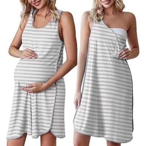 Ekouaer Labor and Delivery Gown for Hospital 3 in 1 Nursing Dress Sleeveless Maternity Snap Button Breastfeeding Nightgown &nbsp;Grey Striped L