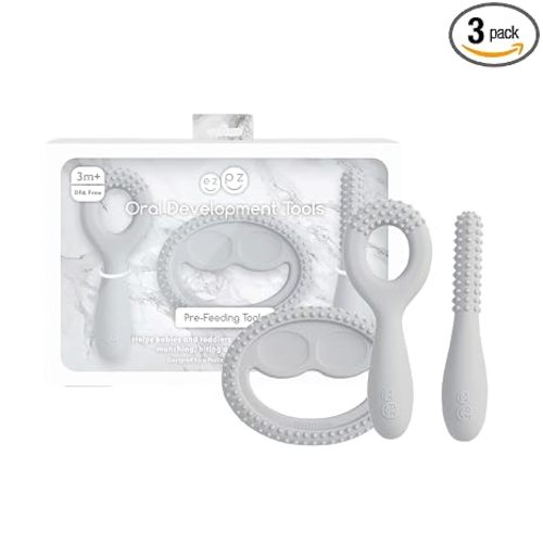 ezpz Oral Development Tools (3 Pack in Pewter) - 3 Months+ - Non-Slip Loop, Smile and Stick 100% Silicone Tools - Prepare for Chewing + Solids - Baby-Led Weaning Supplies