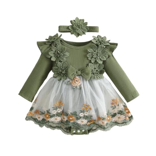 Douhoow Baby Girl Romper Dress Embroidery Lace Flowers Baby Dress Romper Fall Winter Festival Clothes with Headband