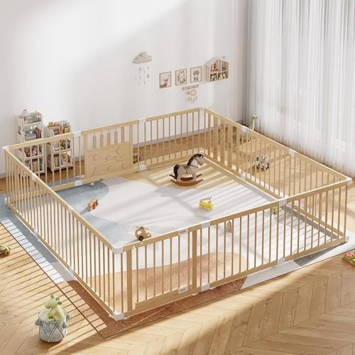 Extra Large Wooden Baby Playpen, 96"×96" Large Playpen for Babies and Toddlers, Indoor Play Pen for Kids Activity Center, Portable Natural Wood Fence, Expandable, Suction Cups, 12 Panels