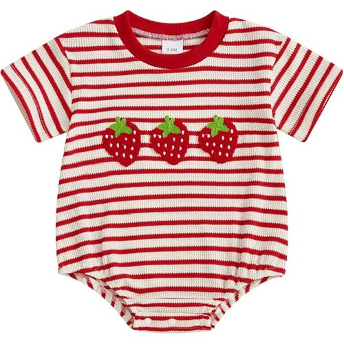 VISGOGO Unisex Baby Boy Girl Striped Romper Waffle Short Sleeve Bubble Oversized Romper Bodysuit Summer Onesie Clothes