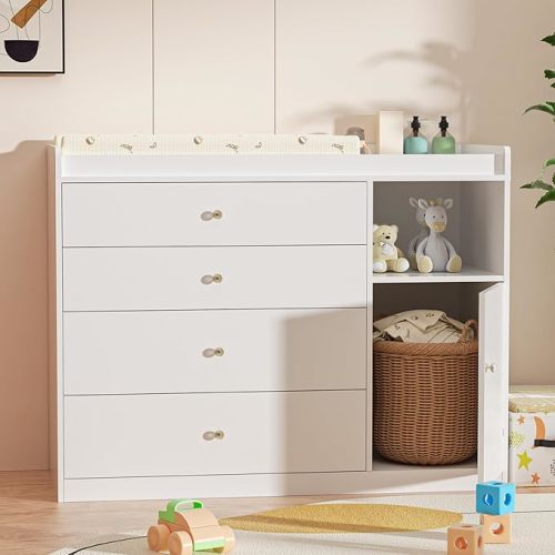 Baby Changing Table with Changing Table Top for Infants Nursery Dresser Chest with 4 Drawers Storage Changing Station Dresser with LED Light Diaper Changing Station Nursery Organizer,Beige