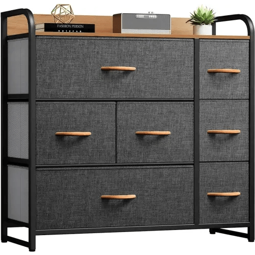 DWVO Fabric Dresser with 7 Drawers, Black Dresser & Chest of Drawers, Storage Tower with Large Capacity, Organizer Unit for Bedroom, Living Room & Closets
