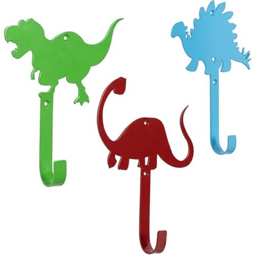 MyGift Fun Dino Coat Hooks, Wall Mounted Colorful Metal Cartoon Dinosaur Silhouette Hanger Hooks for Playroom, Classroom, Toddler Bedroom, 3 Piece Set - Handcrafted in India