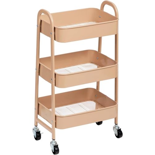 AGTEK Makeup Cart, Movable Rolling Organizer Cart, 3 Tier Metal Utility Cart with Lockable Wheels for Home & Office, Milk Tea