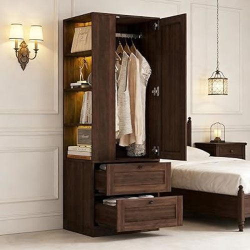 JOYSOURCE Armoire Wardrobe Closet with Hanging Rod, LED, Drawers, Display Shelves, Tall Farmhouse Brown Barn Door Clothing Storage Cabinet with Anti-tip Device, Bedroom Armoires Walnut