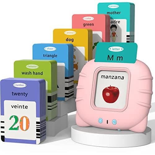 Spanish & English Talking Flash Cards for Toddlers 1 2 3 4 5 6,Audible Toys for Kids to Learn Spanish - 258 Cards and 516 Words(Pink)