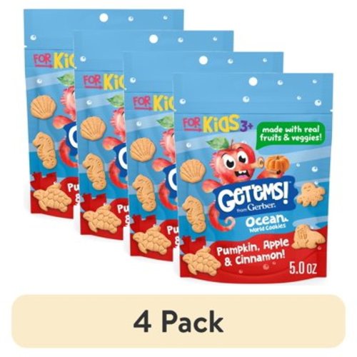 (4 pack) Get'ems from Gerber Pumpkin, Apple & Cinnamon Ocean World Cookies, Kids Snack Made with Real Veggies & Fruits, Iron & Vitamin E 5 oz