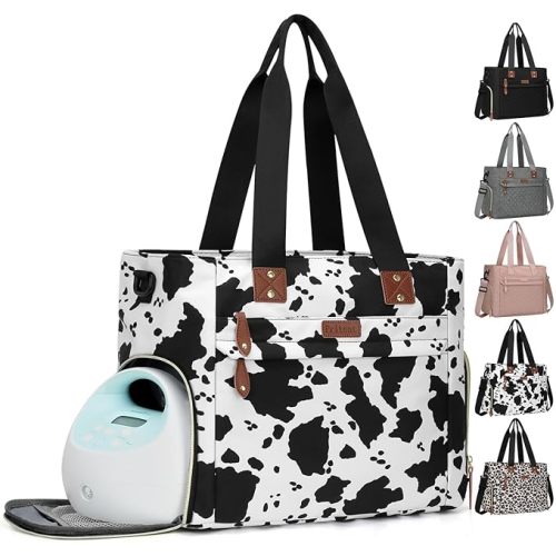 Diaper Bag Tote for Working Mom, Large Travel Diaper Tote for Mom and Dad with 14 Inch Laptop Sleeve, Mommy Maternity Travel Baby Bag for Boys and Girls, Cowprint