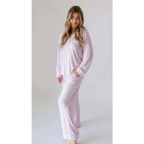 Women's Button Up Set In Purple Gingham