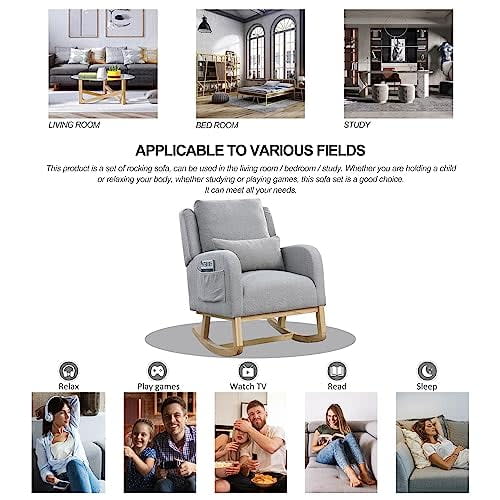 Rocking Chair Nursery with Pillow, Nursery Rocking Chairs in Teddy Fabric with Wingback & Armrest, Built-in 2 Side Pockets, Comfy Nursery Glider Nursing Chair Armchair for Living R