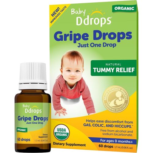 Ddrops Baby Tummy Relief Liquid Drops, Organic Gripe Water for Newborns, Relief from Gas, Colic, Fussiness and Hiccups, Just One Drop, Herbal Ingredients, 120 Drops