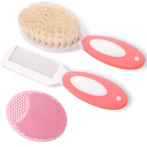 Baby Hair Brush and Comb Set for Newborns & Toddlers,Natural Soft Bristles,Ideal for Cradle Cap, Baby Registry Gift (Pink)