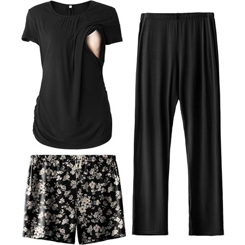 SUNNYBUY Womens Maternity Nursing Pajamas Set, Short Sleeve Breastfeeding Shirts，Pregnancy Shorts & Pants 3 Piece Nursing PJS