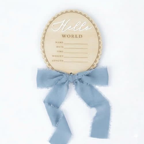 Hello World Newborn Sign - 6 Inch Baby Birth Announcement Sign with Bow, Milestone Sign for Baby Boy, Photo Prop at Hospital, Nursery Decor Keepsake, Welcome Newborn Arrival to World with Bow (Blue)