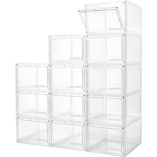 Attelite Upgrade 12pack Shoe Box Storage Containers,Thicken Sturdy Clear Stackable Plastic Shoe Organizer Box with Magnetic Door, X-Large Drop Front Shoe Box