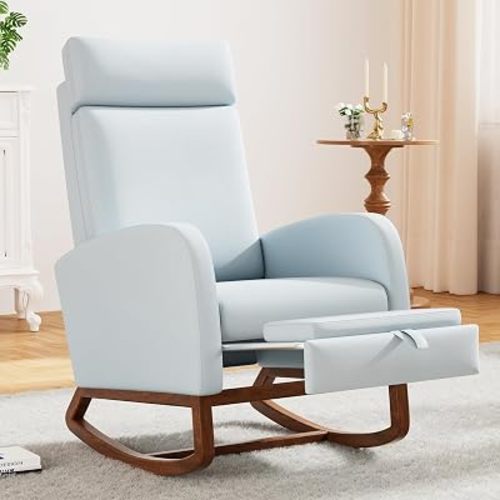 Nursery Rocking Chair, High Back Glider with Footrest, Light Blue