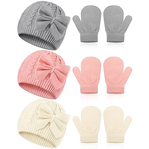 SATINIOR 3 Set Toddler Hat Glove Set | Baby Hat and Mitten for Girls, Winter Knitted Beanie with Bow, Suit 0-6 Years