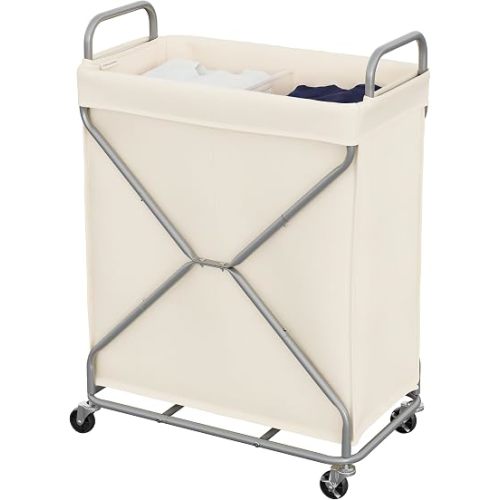 StorageWorks 2-Section Laundry Basket with Wheels, 160L Laundry Hamper with Removable Bag and Handles, Laundry Sorter Cart for Storage and Organizer, Beige