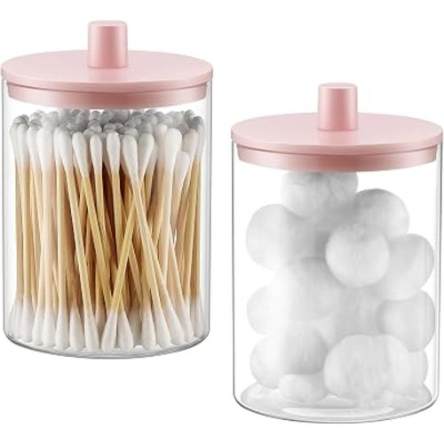Glass Qtip Holder Dispenser for Bathroom - 10 oz Clear Canister Apothecary Jar for Cotton Swabs, Balls, Pads, Floss Picks, Small Containers for Makeup Storage Organizer (2 Pack, Pink)