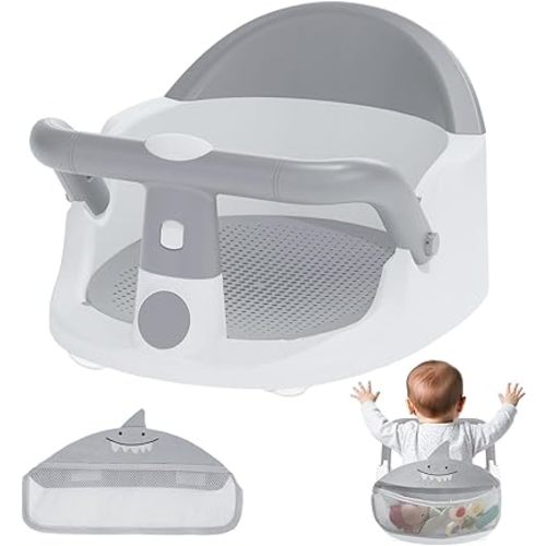 Baby Bath Seat - for Babies 6 Months & Up Sitting Up with Storage Bag + Mesh seat Cushion, Non-Slip Toddler Bath Seat for Baby, Sit Up Bath Seat for Baby, Grey