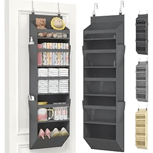 Lifewit 1 Pack Over the Door Organizer, 5 Section Clear Window Hanging Storage with 4 Side Pockets, Sturdy Anti Tilt 40 lbs Load Behind Door for Closet, Nursery, Dark Gray