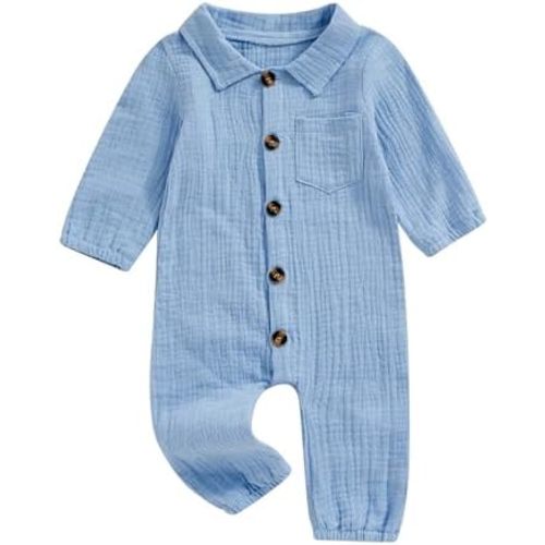 Emmababy Baby Boy Girl Button Jumpsuit Solid Baptism Romper Long Sleeve Collared Shirt Bodysuit Cotton Linen Pocket Playsuit